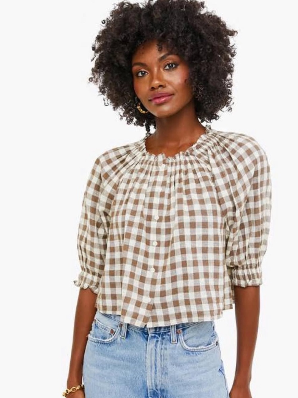 Apiece Apart Casa Top in Walnut Gingham Size Small style worn by Joanna Gaines
